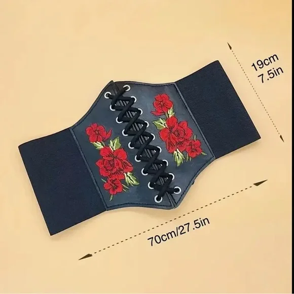 New rose embroidered faux leather elastic stretch belt waist cinch - Picture 3 of 5